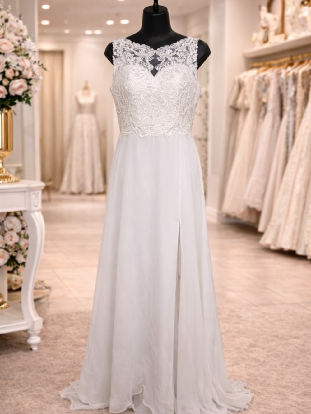 Elegant Embroidered Bodice White A-Line Wedding Dress, Size 8